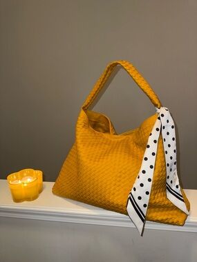 Woven Shoulder Bag w/ Polka Dot Scarf